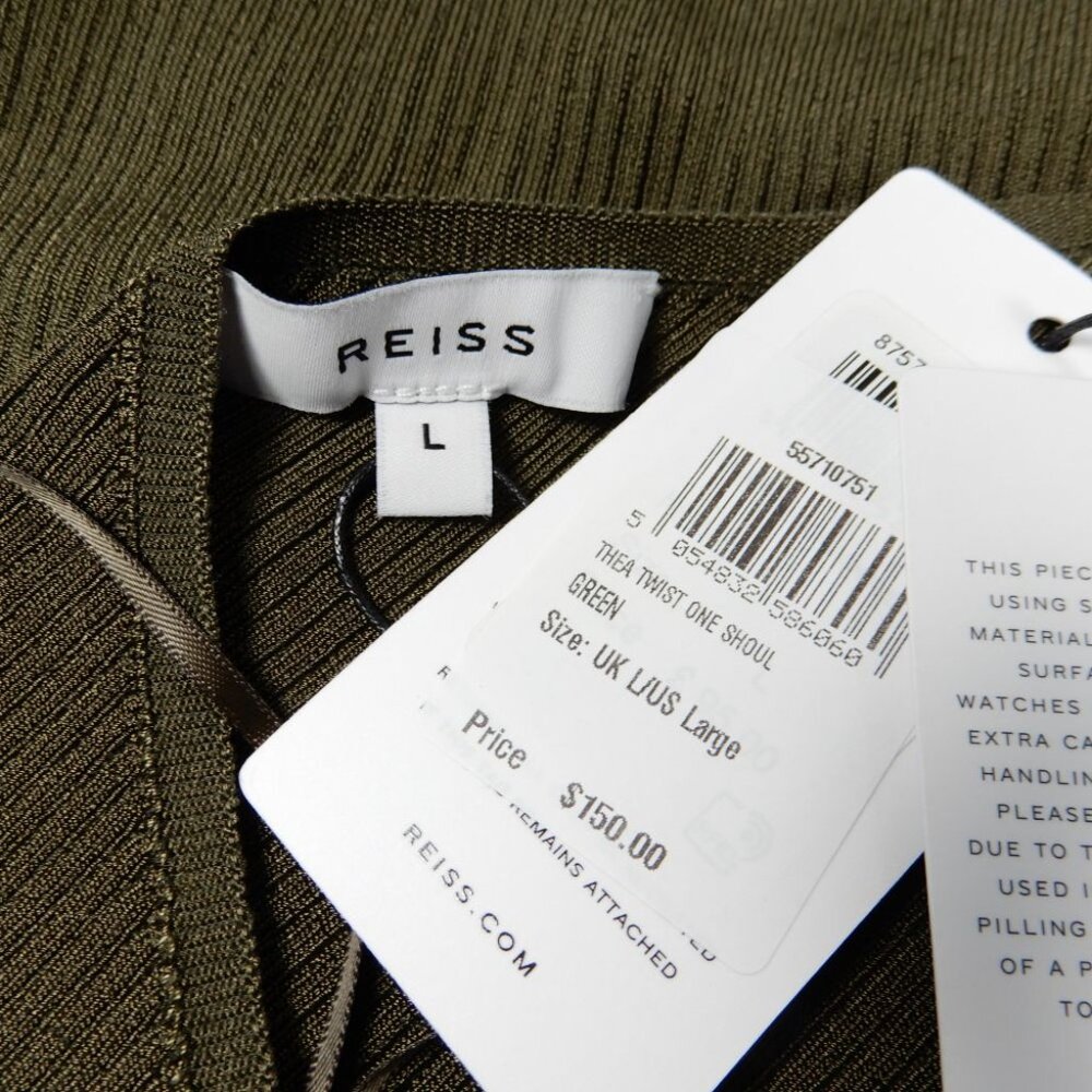 REISS Thea Twist One Shoulder Top Size L Khaki Green Ribbed Stretch NEW $150 - Picture 8 of 8